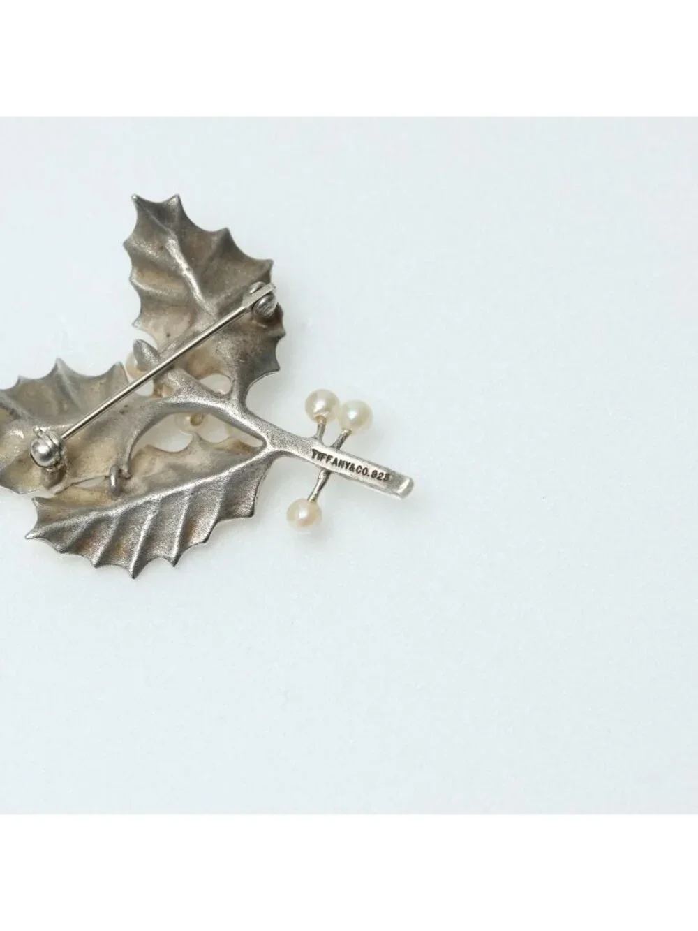 Tiffany & Co Vintage Brooch Holly Pearl Motif 925 Sterling Silver